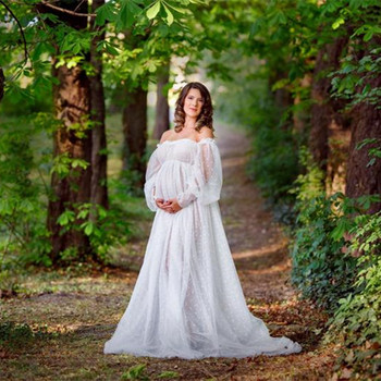 Λευκή κουκκίδα από τούλι φόρεμα για φωτογραφία εγκυμοσύνης See Through Maternity Photo Shoot Μακρυμάνικο φανάρι τούλι