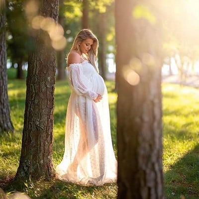 Valge täpiline tüll rasedate fotograafia rekvisiidid Kleit läbivaatav rasedate fotosessioon tüllist pikk kleit, laterna varrukas