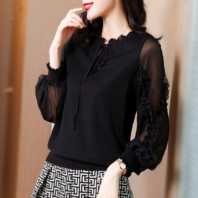 Elegantne naiste uus lahtine šifoonist särk, marli, pikkade varrukatega pits kevadsuvine mood Vintage must pulloverid šikk pluusid naiste