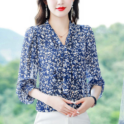 Naiste korea moeprinter vööripits Elegantsed pluusid Kevadsügis büroo Naiste vabaaja šikk särgid V kaelusega pikkade varrukatega topsid Ropa