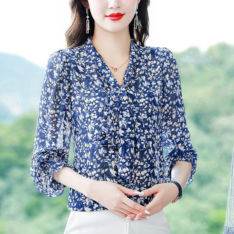 Naiste korea moeprinter vööripits Elegantsed pluusid Kevadsügis büroo Naiste vabaaja šikk särgid V kaelusega pikkade varrukatega topsid Ropa