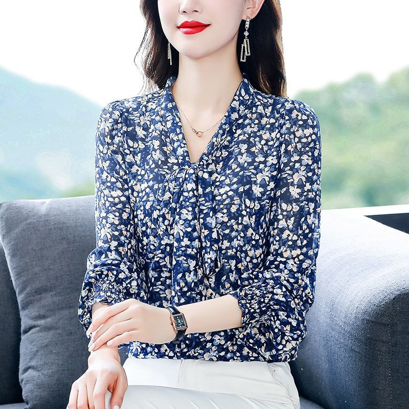 Naiste korea moeprinter vööripits Elegantsed pluusid Kevadsügis büroo Naiste vabaaja šikk särgid V kaelusega pikkade varrukatega topsid Ropa