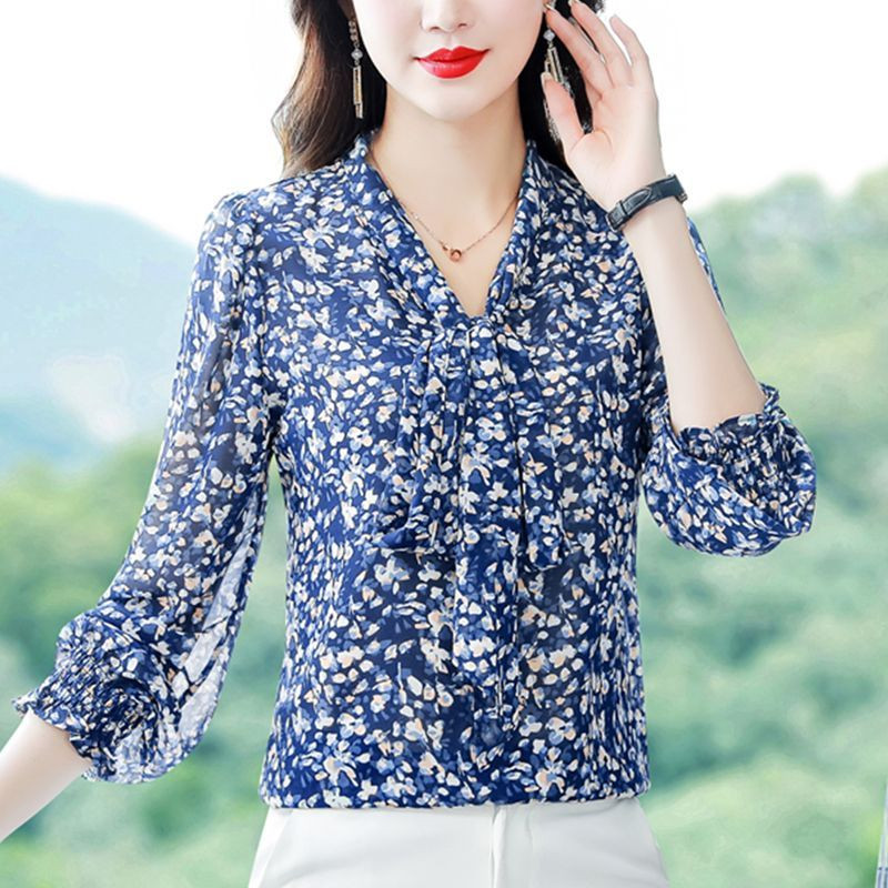 Naiste korea moeprinter vööripits Elegantsed pluusid Kevadsügis büroo Naiste vabaaja šikk särgid V kaelusega pikkade varrukatega topsid Ropa