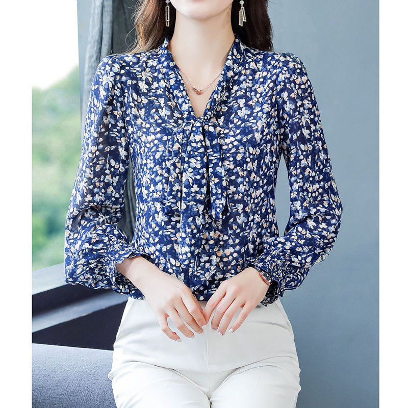 Naiste korea moeprinter vööripits Elegantsed pluusid Kevadsügis büroo Naiste vabaaja šikk särgid V kaelusega pikkade varrukatega topsid Ropa