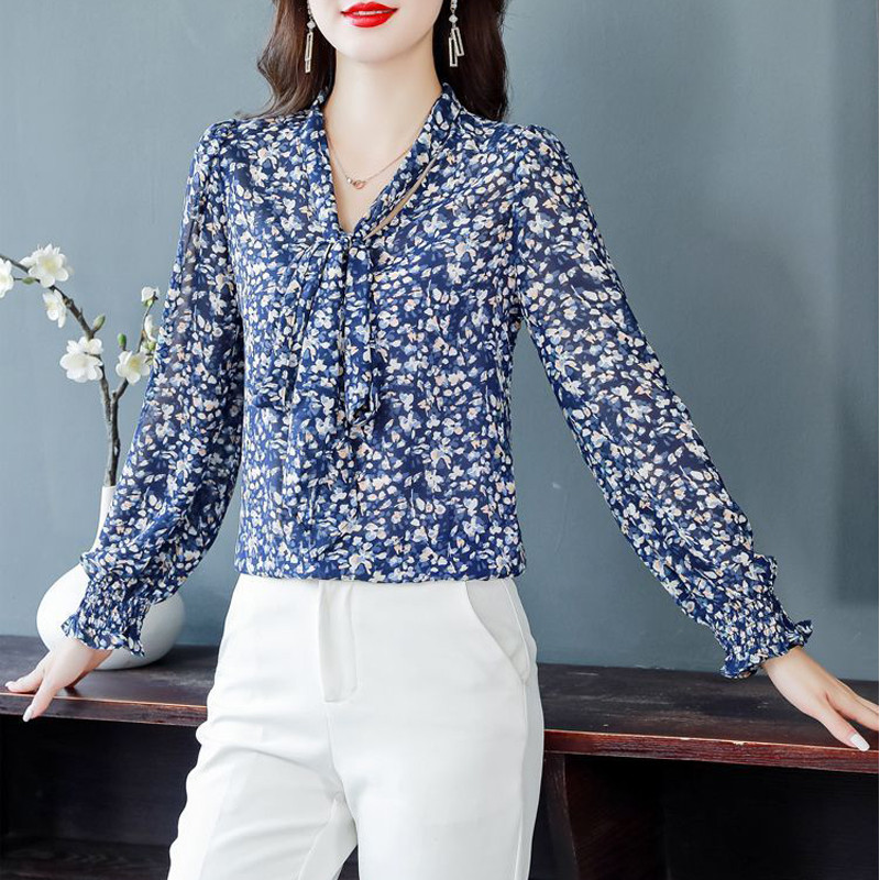 Naiste korea moeprinter vööripits Elegantsed pluusid Kevadsügis büroo Naiste vabaaja šikk särgid V kaelusega pikkade varrukatega topsid Ropa