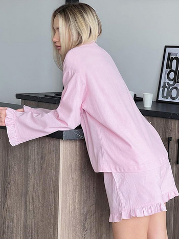 Linad Свободни дамски домашни дрехи Комплекти от 2 части Розови спални дрехи с волани Дамски ежедневни костюми с къси панталони Летни пижами