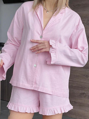 Linad Свободни дамски домашни дрехи Комплекти от 2 части Розови спални дрехи с волани Дамски ежедневни костюми с къси панталони Летни пижами