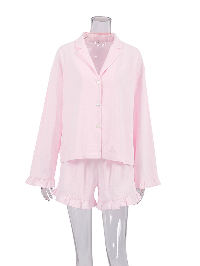 Linad lahtised naiste koduriided, 2-osalised komplektid, roosad volangid pikkade varrukatega magamisriided Naiste vabaaja ülikonnad lühikeste pükstega suvised pidžaamad