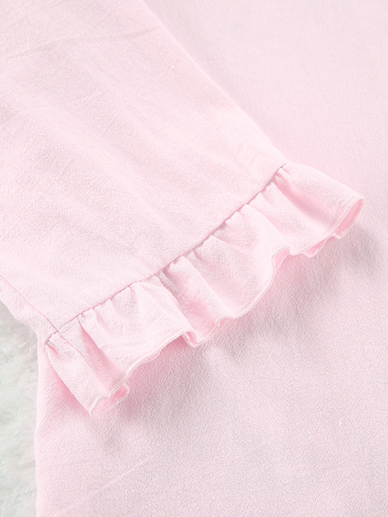 Linad lahtised naiste koduriided, 2-osalised komplektid, roosad volangid pikkade varrukatega magamisriided Naiste vabaaja ülikonnad lühikeste pükstega suvised pidžaamad