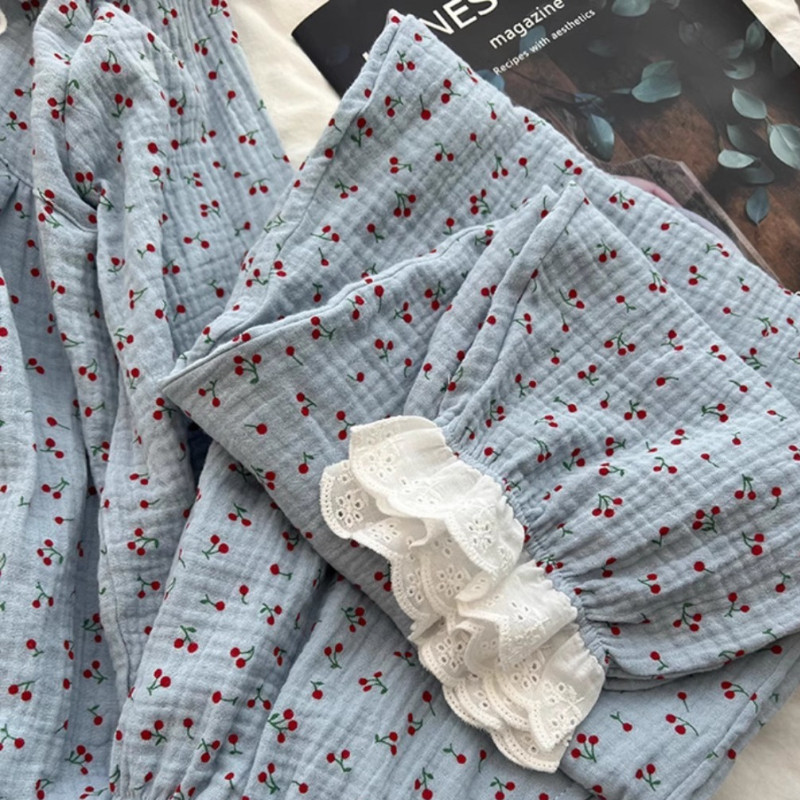 Pidžamu komplekti Sievietēm Eleganti mežģīnes Jauki skolnieču apdrukas guļamveļa japāņu stila modes pidžamas ar garām piedurknēm Jauna rudens koledža Sākums