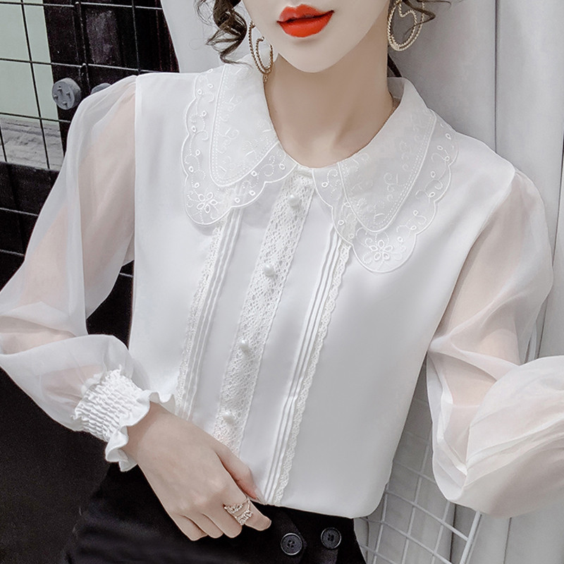 Sügisene pikkade varrukatega pluus Naiste šifoonist valge pluusisärk, naiste topid Blusas Mujer De Moda 2024 pluusid naiste topsärgid F119