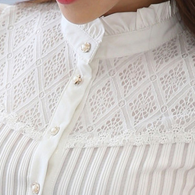 Sieviešu stāvs šifona krekls ar garām piedurknēm, slaids ar apkakli ar kroku šifona pogu uz leju krekls ar piedurknēm mežģīņu blūzes augšdaļa