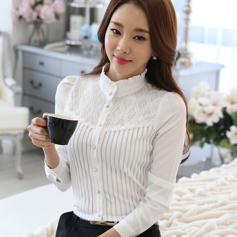 Sieviešu stāvs šifona krekls ar garām piedurknēm, slaids ar apkakli ar kroku šifona pogu uz leju krekls ar piedurknēm mežģīņu blūzes augšdaļa