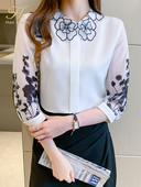 H Han Queen New Profession Prindiga särk Naiste pluusid Vintage töö vabaaja ülaosaga šifoonist pluus Elegantne lihtne lahtine naiste särk