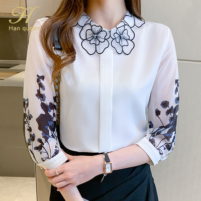 H Han Queen New Profession Prindiga särk Naiste pluusid Vintage töö vabaaja ülaosaga šifoonist pluus Elegantne lihtne lahtine naiste särk