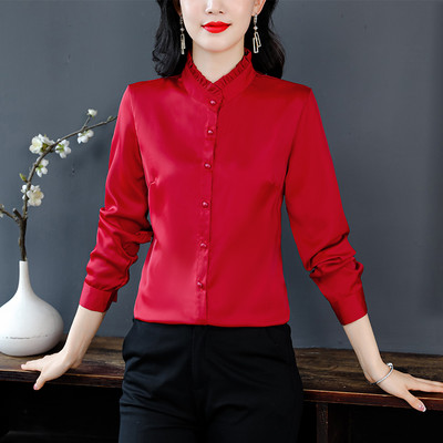 Sieviešu volāni Solīdi Modes Blūze Pavasaris Jauns ikdienišķs Temperaments Cienīgs krekls Biroja dāmu Vienkāršas Garās piedurknes Topi