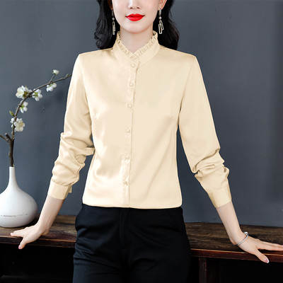 Sieviešu volāni Solīdi Modes Blūze Pavasaris Jauns ikdienišķs Temperaments Cienīgs krekls Biroja dāmu Vienkāršas Garās piedurknes Topi