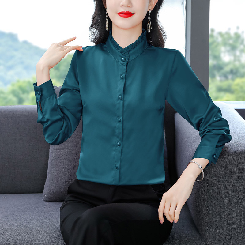 Sieviešu volāni Solīdi Modes Blūze Pavasaris Jauns ikdienišķs Temperaments Cienīgs krekls Biroja dāmu Vienkāršas Garās piedurknes Topi
