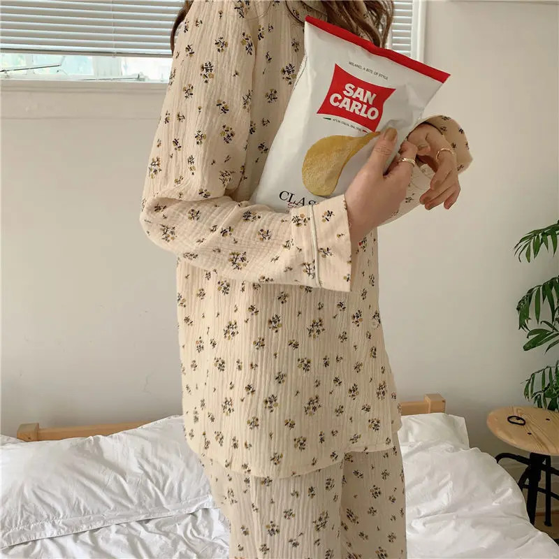Kórejský štýl dievčaťa s dlhým rukávom a rozbitým kvetom, pyžamo, žena, sladká študentská móda, jeseň 2023, nová súprava domáceho oblečenia s dlhými nohavicami