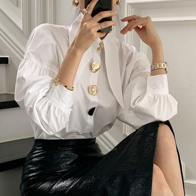 Koreai Retró Laza Lehajtható Galléros Elegáns Blúz Tavaszi Felsők Divat Lámpás Hosszú ujjú ing Alkalmi ruhák 17845