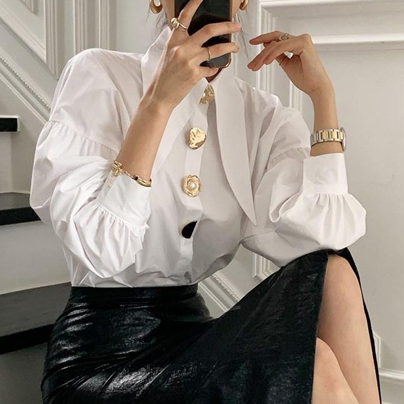 Koreai Retró Laza Lehajtható Galléros Elegáns Blúz Tavaszi Felsők Divat Lámpás Hosszú ujjú ing Alkalmi ruhák 17845