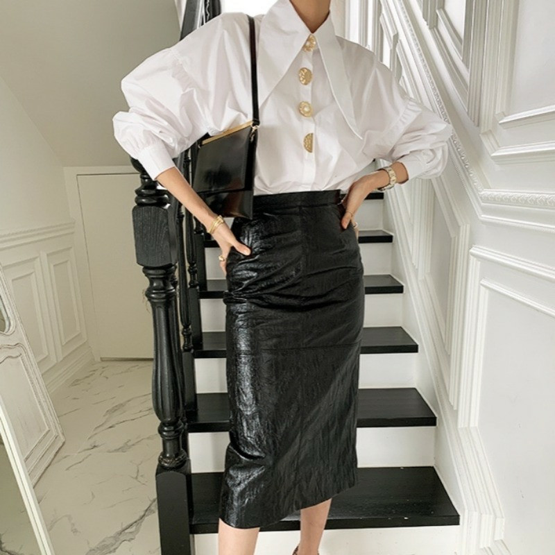 Koreai Retró Laza Lehajtható Galléros Elegáns Blúz Tavaszi Felsők Divat Lámpás Hosszú ujjú ing Alkalmi ruhák 17845