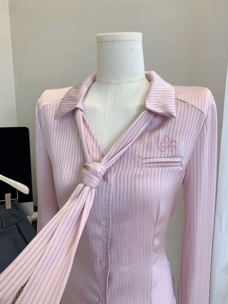 Jauns dizains Pure Desire satīna zīda gluda jostasvietas krekls ar garām piedurknēm sieviešu kaklasaites tops daudzpusīgs zils rozā modes