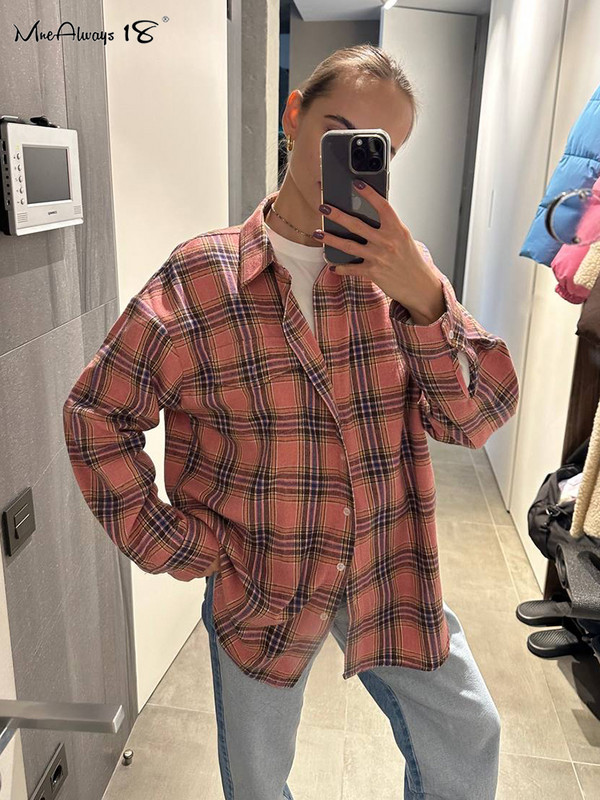 Mnealways18 Rozā rūtaini krekli un topi Sieviešu ielas apģērbs Gingham gadījuma augšdaļa ar garām piedurknēm sieviešu lielizmēra krekls ar vienrindu