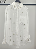 [EWQ] Decorație cu strass Cămașă albă Femei într-un singur piept cu mânecă lungă Perspectivă Office Lady Blusas Primăvara 2024 Toamna Top