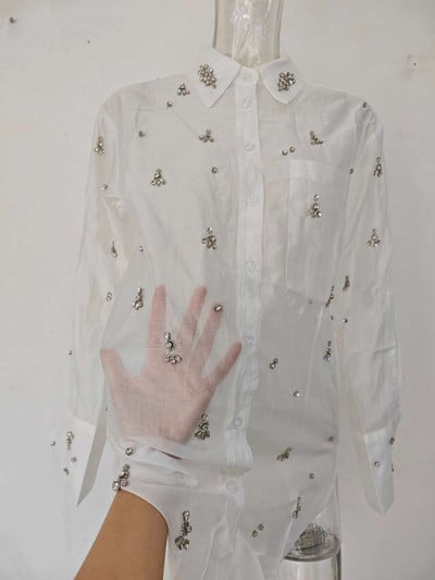 [EWQ] Decorație cu strass Cămașă albă Femei într-un singur piept cu mânecă lungă Perspectivă Office Lady Blusas Primăvara 2024 Toamna Top