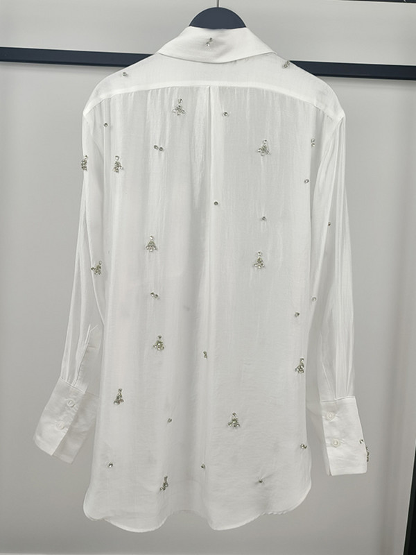 [EWQ] Decorație cu strass Cămașă albă Femei într-un singur piept cu mânecă lungă Perspectivă Office Lady Blusas Primăvara 2024 Toamna Top