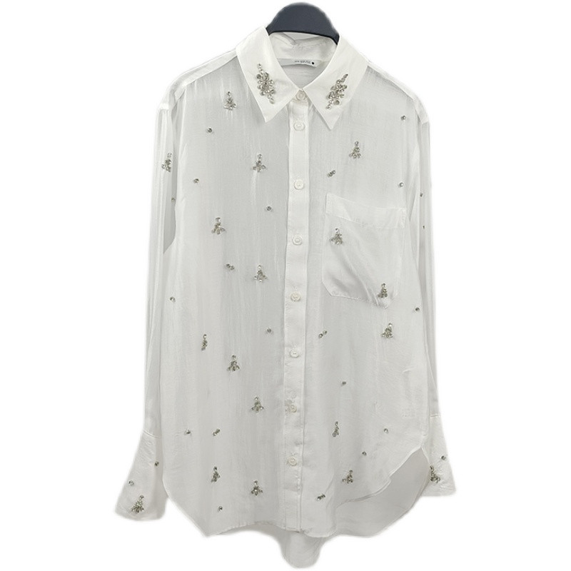 [EWQ] Decorație cu strass Cămașă albă Femei într-un singur piept cu mânecă lungă Perspectivă Office Lady Blusas Primăvara 2024 Toamna Top