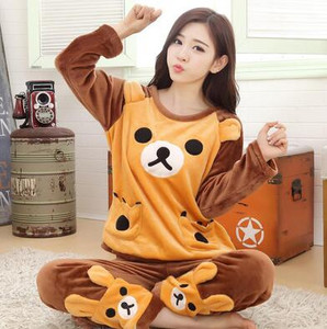 Rudens Ziemas Sieviešu Biezās Koraļļu vilnas pidžamas komplekts naktsveļa Karikatūra salda Garām piedurknēm Mājas apkalpošanas uzvalks Sieviete WHX01