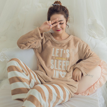 Есен Зима Дамски комплект пижами от коралов руно Комплект спално облекло Карикатурен сладък Костюм за домашно обслужване с дълъг ръкав Женски WHX01