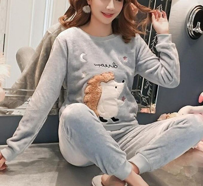 Rudens Ziemas Sieviešu Biezās Koraļļu vilnas pidžamas komplekts naktsveļa Karikatūra salda Garām piedurknēm Mājas apkalpošanas uzvalks Sieviete WHX01