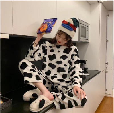 Rudens Ziemas Sieviešu Biezās Koraļļu vilnas pidžamas komplekts naktsveļa Karikatūra salda Garām piedurknēm Mājas apkalpošanas uzvalks Sieviete WHX01