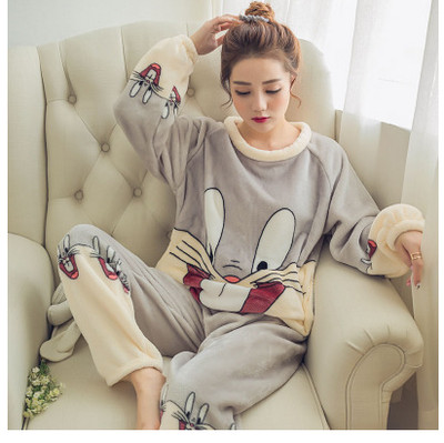 Rudens Ziemas Sieviešu Biezās Koraļļu vilnas pidžamas komplekts naktsveļa Karikatūra salda Garām piedurknēm Mājas apkalpošanas uzvalks Sieviete WHX01