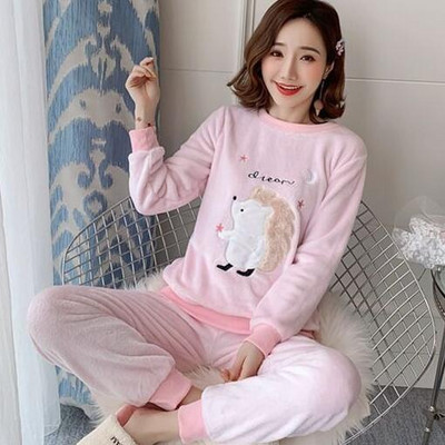 Rudens Ziemas Sieviešu Biezās Koraļļu vilnas pidžamas komplekts naktsveļa Karikatūra salda Garām piedurknēm Mājas apkalpošanas uzvalks Sieviete WHX01