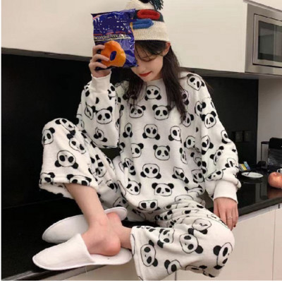 Rudens Ziemas Sieviešu Biezās Koraļļu vilnas pidžamas komplekts naktsveļa Karikatūra salda Garām piedurknēm Mājas apkalpošanas uzvalks Sieviete WHX01