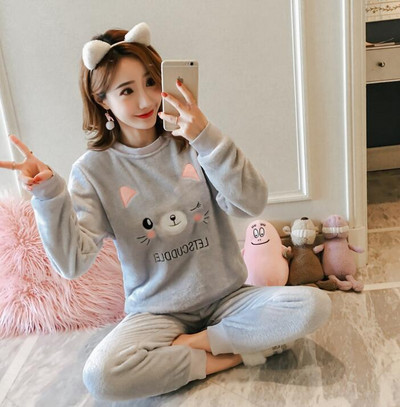 Rudens Ziemas Sieviešu Biezās Koraļļu vilnas pidžamas komplekts naktsveļa Karikatūra salda Garām piedurknēm Mājas apkalpošanas uzvalks Sieviete WHX01