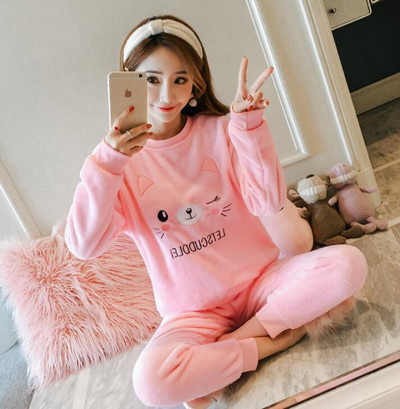 Rudens Ziemas Sieviešu Biezās Koraļļu vilnas pidžamas komplekts naktsveļa Karikatūra salda Garām piedurknēm Mājas apkalpošanas uzvalks Sieviete WHX01