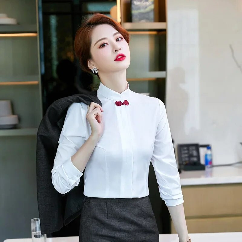 Profesionalna ženska košulja s dugim rukavima i ovratnikom, jesen/zima, novi stil, uniforma zaposlenika na hotelskoj recepciji, bijela bluza
