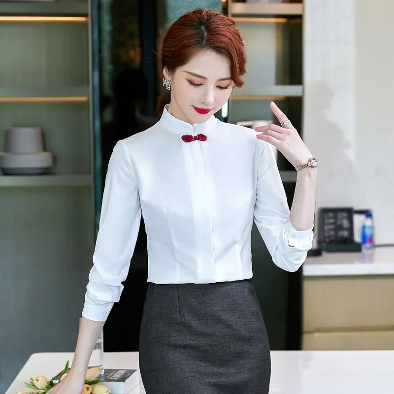 Profesionalna ženska košulja s dugim rukavima i ovratnikom, jesen/zima, novi stil, uniforma zaposlenika na hotelskoj recepciji, bijela bluza