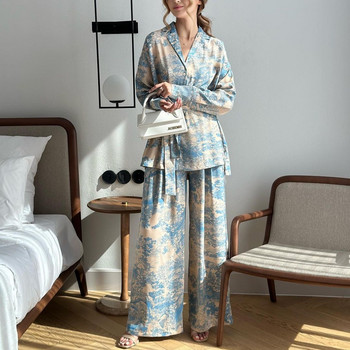 Комплект пижами с принт с цветя от 2 бр. Пижами с френско V-образно деколте Модни дамски дрехи Свободни сатенени широки панталони Пижама Костюм Домашно облекло