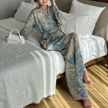 Комплект пижами с принт с цветя от 2 бр. Пижами с френско V-образно деколте Модни дамски дрехи Свободни сатенени широки панталони Пижама Костюм Домашно облекло