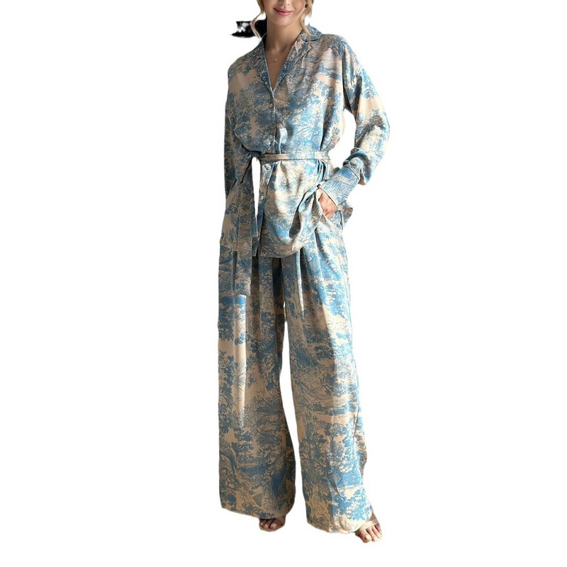 Drukāt Ziedu 2GAB pidžamas komplekts guļamveļa Franču V veida kakla izgriezuma modes sieviešu apģērbi brīvi satīna bikses ar platām kājām Pidžamas uzvalks mājas apģērbs