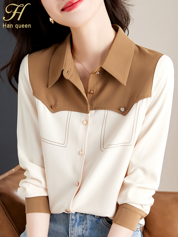 H Han Queen Rudens krāsas bloķējošas karjeras blusas, nolaižamas apkakles vintage topi Eleganti šifona blūzes brīvi ikdienas krekli sievietēm