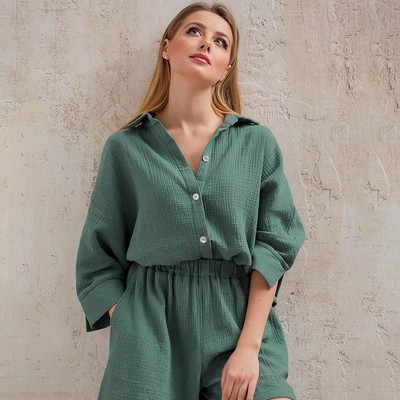 Vabaaja magamisriided, 100% puuvillased pidžaamad naistele, komplektid, ülikonnad, alla keeratav krae, üheksa neljandiku varrukatega magamisriided Lühikesed püksid, naiste koduriided