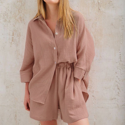 Vabaaja magamisriided, 100% puuvillased pidžaamad naistele, komplektid, ülikonnad, alla keeratav krae, üheksa neljandiku varrukatega magamisriided Lühikesed püksid, naiste koduriided