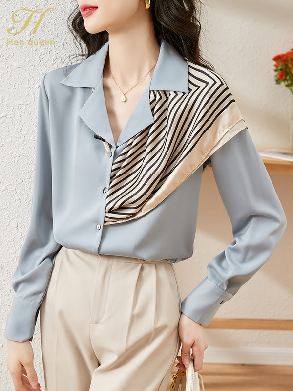 H Han Queen 2022 Uus saabumine satiinsärk Naiste pluus Vintage Töö vabaaja topid Šifoonpluus Sügis elegantsed lahtised naiste särgid